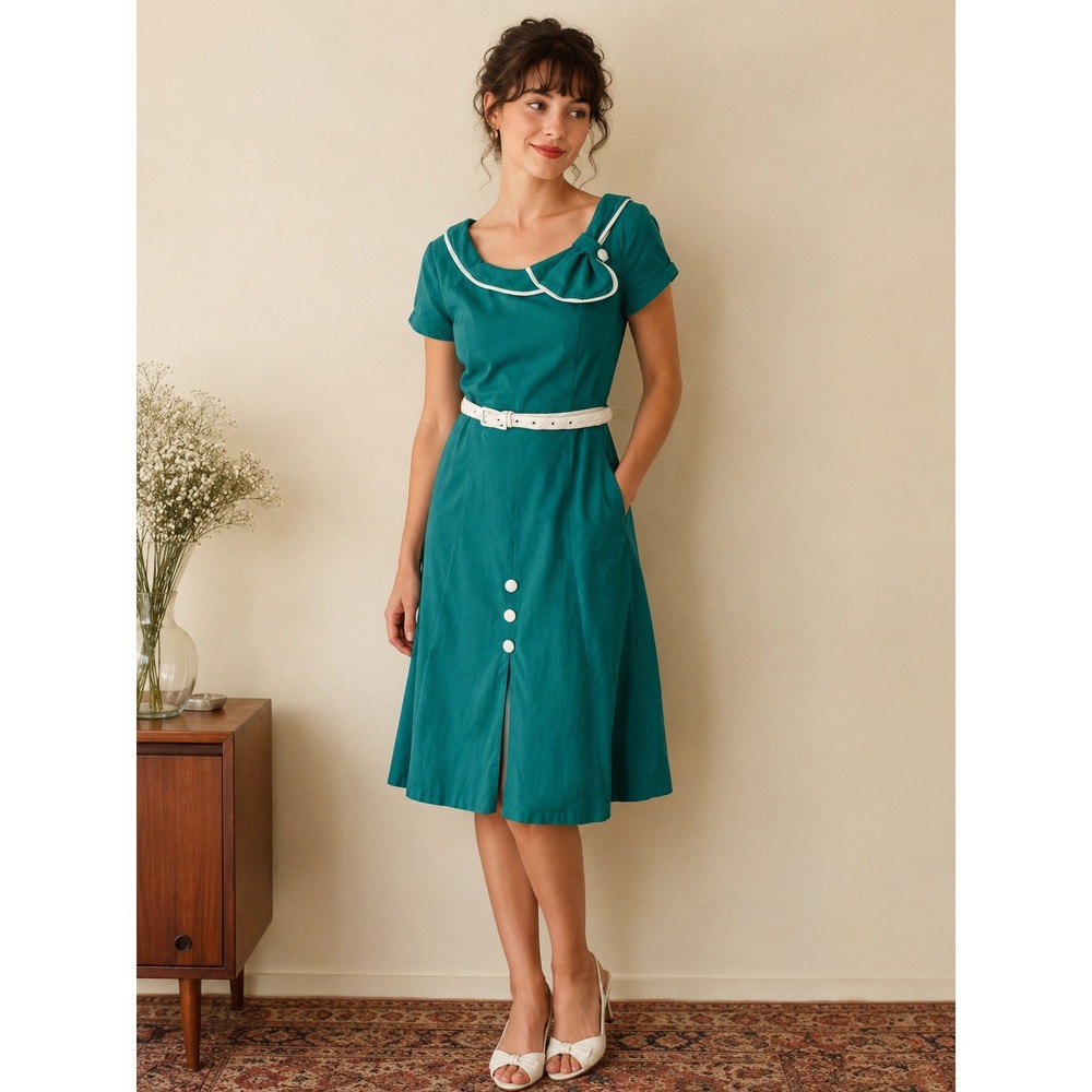 Voodoo Vixen Green Rockabilly Pinup Wiggle Dress with White Belt Size L